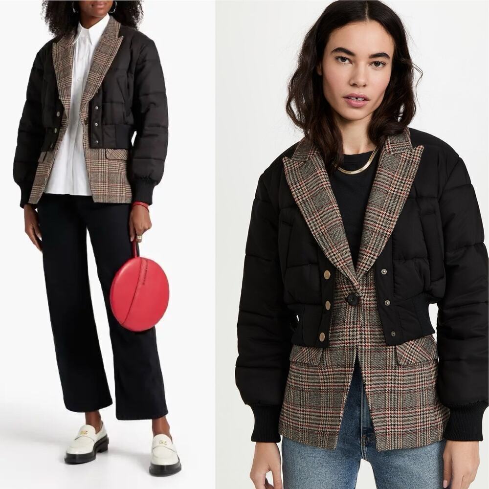 Veronica Beard Larkin Mixed Media Puffer Jacket Black/Brown Plaid Size 14 Plus